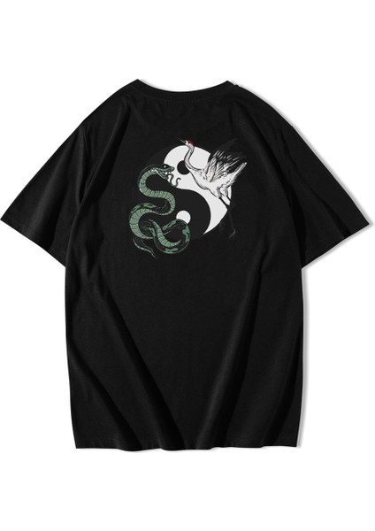 Unisex Oversize Ön ve Arka Baskılı Ying Yang Snake And Crane T-Shirt