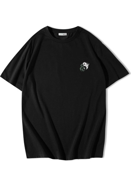 Unisex Oversize Ön ve Arka Baskılı Ying Yang Snake And Crane T-Shirt