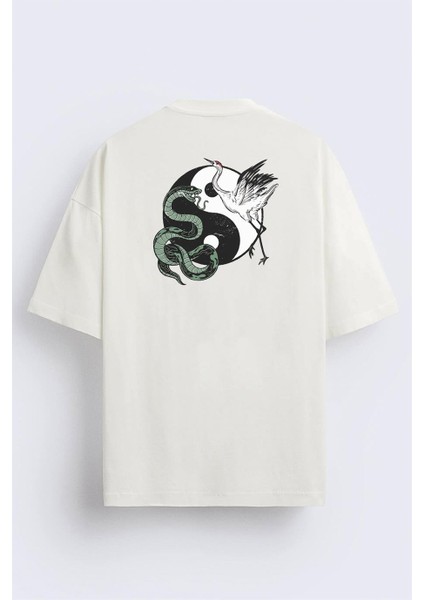 Ön ve Arka Baskılı Ying Yang Snake And Crane Regular Fit T-Shirt