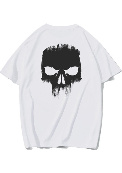 Unisex Ön ve Arka Baskılı Oversize Angry Skull T-Shirt