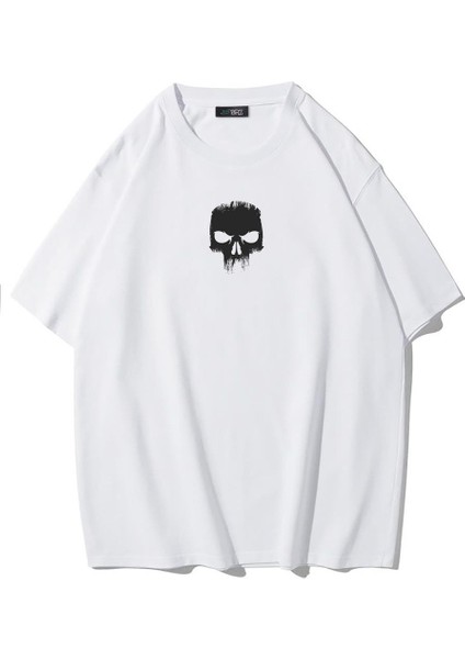 Unisex Ön ve Arka Baskılı Oversize Angry Skull T-Shirt