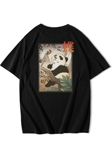 Unisex Oversize Arka Baskılı Butterfly And Japanese Panda T-Shirt