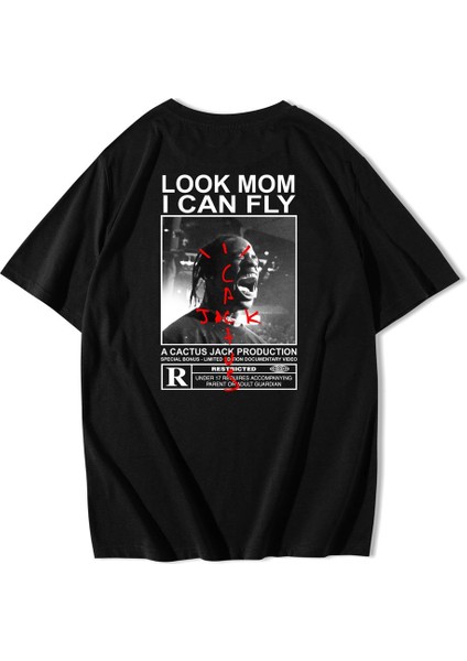 Unisex Oversize Arka Baskılı Look Mom I Can Fly T-Shirt