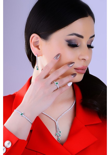 925 Ayar Gümüş Salkım 2 Sıra Yeşil Damla Su Yolu kadın Düğün Set