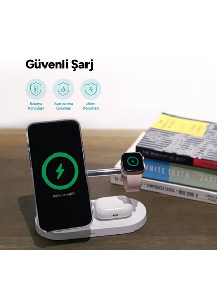 Aircharger Quattro M Magsafe Uyumlu Iphone+Applewatch+Airpods LED Li Kablosuz Hızlı Şarj Standı