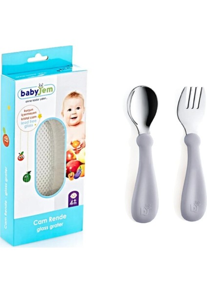 Babyjem Cam Rende + Gri Paslanmaz Çelik Çatal Kaşık Seti