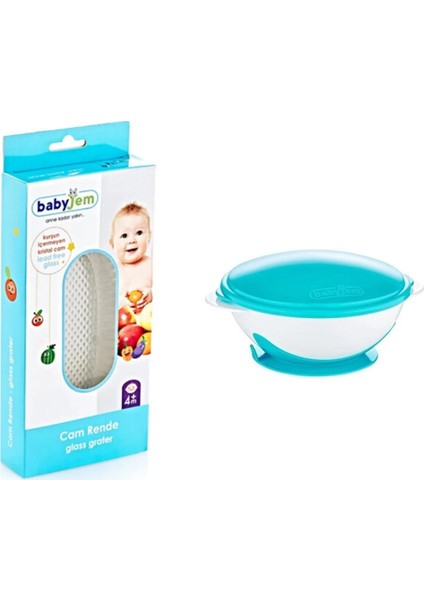 Babyjem Cam Rende + Vakumlu Mama Tabağı Mavi