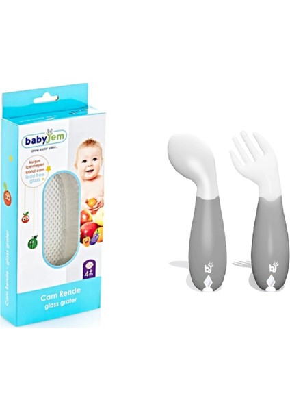 Babyjem Cam Rende + Gri Açılı Mama Kaşık Çatal Takımı