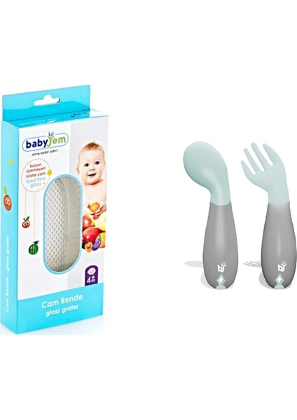 Babyjem Cam Rende + Yeşil Açılı Mama Kaşık Çatal Takımı