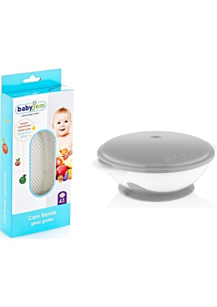 Babyjem Cam Rende + Vakumlu Mama Tabağı Gri