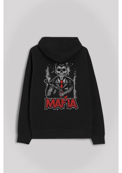 Skull Ganster Mafia Temalı Silahlı Adam Ön ve Arka Baskılı Sweatshirt Kapüşonlu Hoodie
