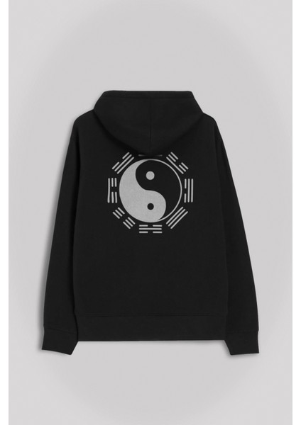 Siyah ve Beyaz Ying Yang Pokemon Minimal Ön ve Arka Baskılı Sweatshirt Kapüşonlu Hoodie
