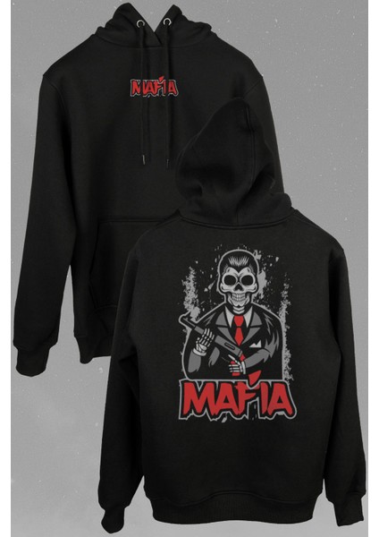 Skull Ganster Mafia Temalı Silahlı Adam Ön ve Arka Baskılı Sweatshirt Kapüşonlu Hoodie