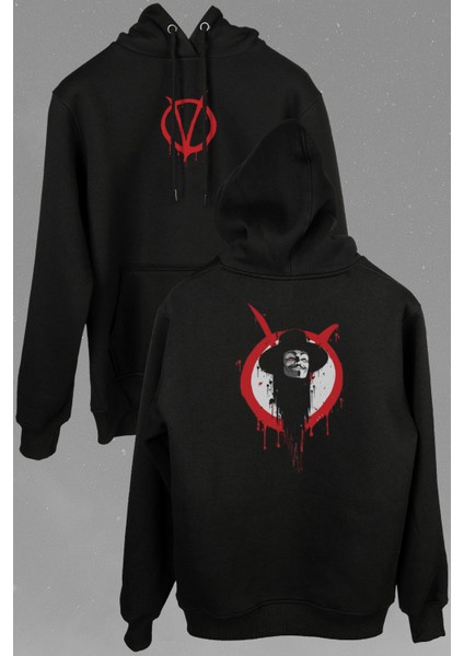 V For Vendetta Vandeta Silüet Logolu Ön ve Arka Baskılı Sweatshirt Kapüşonlu Hoodie