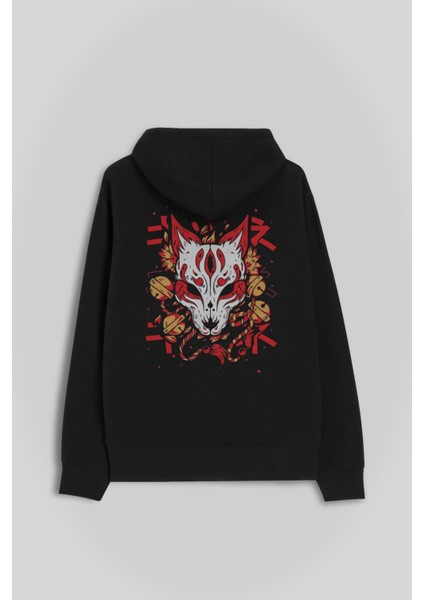 Kitsune Mask Japanese Japon Kültür Ön ve Arka Baskılı Sweatshirt Kapüşonlu Hoodie