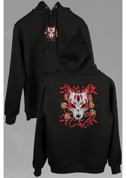 Kitsune Mask Japanese Japon Kültür Ön ve Arka Baskılı Sweatshirt Kapüşonlu Hoodie modelleri