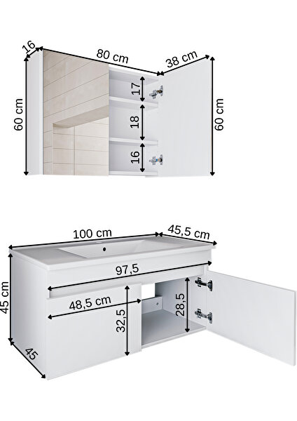 Roomart 2 Kapaklı Lavabolu Beyaz Mdf 100 cm Banyo Dolabı + Aynalı Banyo Üst Dolabı