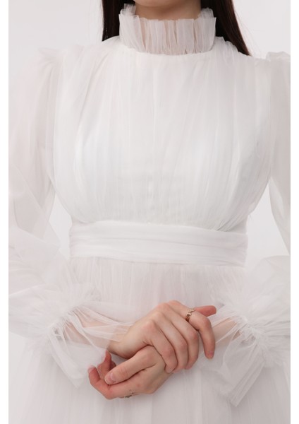 Tesettür Abiye Elbise Hayal Tül Büzgü Detaylı fiyatları