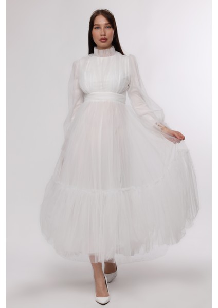 Tesettür Abiye Elbise Hayal Tül Büzgü Detaylı