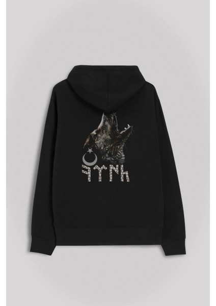 Tsk Göktürkçe Eski Türk Bozkurt Wolf Kurt Ön ve Arka Baskılı Sweatshirt Kapüşonlu Hoodie fiyatları