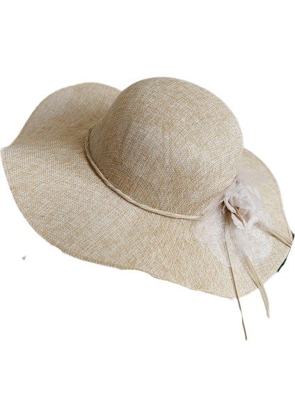 Eva Dayan Güneş Koruyucu Güneş Şapkası Çocukların Yaz Plajı Çiçek Bowknot Dalgası Kenar Hasır Şapka - Beige (Yurt Dışından)