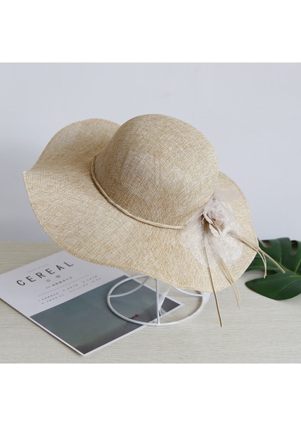 Eva Dayan Güneş Koruyucu Güneş Şapkası Çocukların Yaz Plajı Çiçek Bowknot Dalgası Kenar Hasır Şapka - Beige (Yurt Dışından)