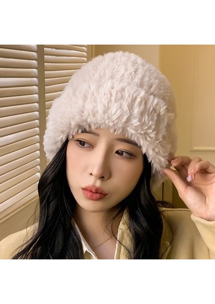 Eva Kadınların Düz Renkli Peluş Örme Şapka Sıcak Kulak Koruma Şapkası Kış Peluş Şapka - Beige (Yurt Dışından)