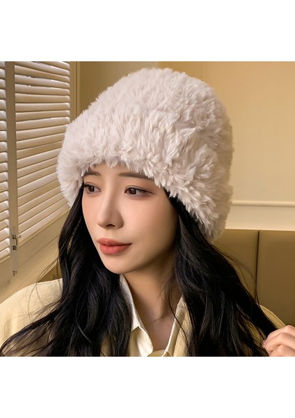 Eva Kadınların Düz Renkli Peluş Örme Şapka Sıcak Kulak Koruma Şapkası Kış Peluş Şapka - Beige (Yurt Dışından)