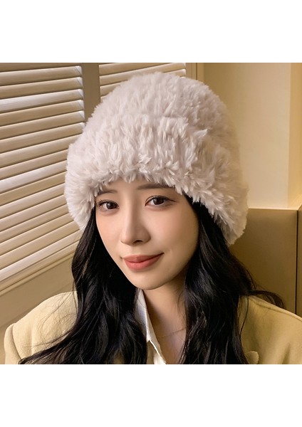 Eva Kadınların Düz Renkli Peluş Örme Şapka Sıcak Kulak Koruma Şapkası Kış Peluş Şapka - Beige (Yurt Dışından)