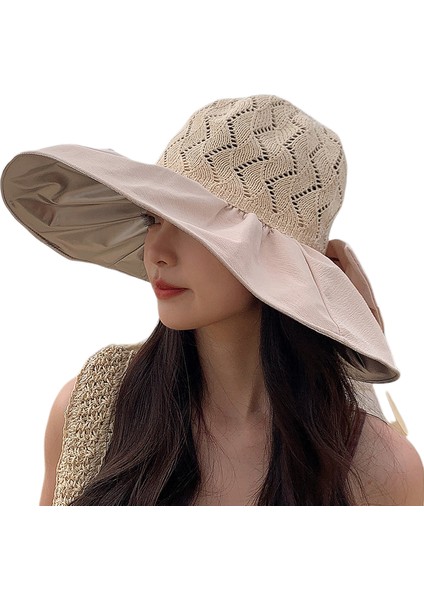 Eva Yaz Kadınlar Büyük Yay Gölge Şapkı Koyu Renk Paneli Nefes Alabilir Büyük Kaçağı Balıkçı Şapka Kumaş Şapkası - Beige (Yurt Dışından)