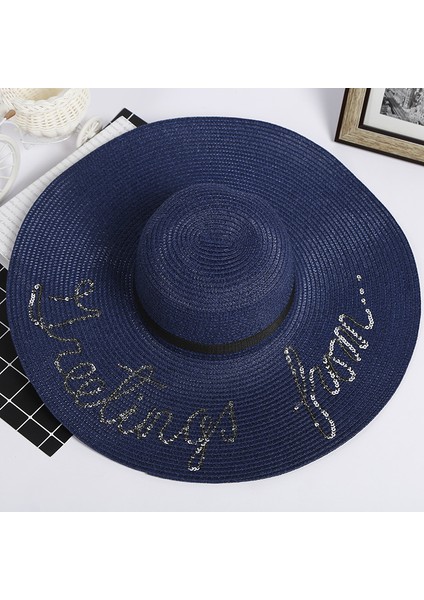 Eva Işlemeli Hasır Şapka Açık Kadın Plaj Güneş Şapka Güneş Şapka - Navy Blue (Yurt Dışından)