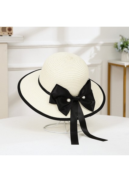 Eva Yaz Minimalist Stil Güneş Şapkası Yay Inci Güneşlik Şapkası - White (Yurt Dışından)