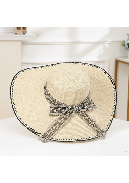Eva Plaj Tatili Büyük Ağzı Dantel Güneşlik Şapkası Basit Katı Yay Güneş Şapkası - Beige (Yurt Dışından) fiyatları