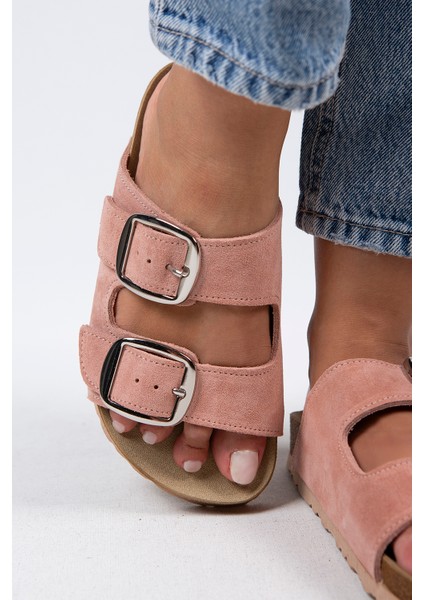 Irene Kadın Deri Çift Tokalı Pudra Gümüş Terlik