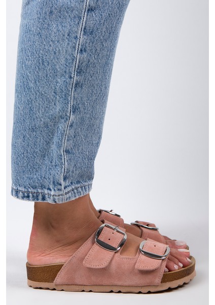 Irene Kadın Deri Çift Tokalı Pudra Gümüş Terlik fiyatları