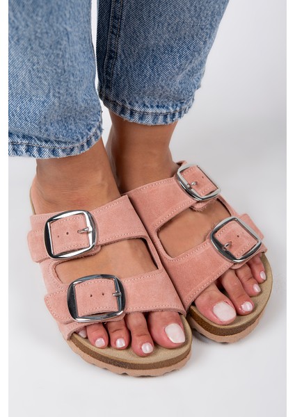 Irene Kadın Deri Çift Tokalı Pudra Gümüş Terlik modelleri