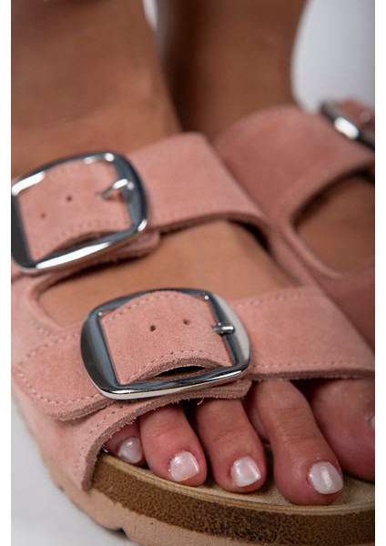 Irene Kadın Deri Çift Tokalı Pudra Gümüş Terlik fırsatları