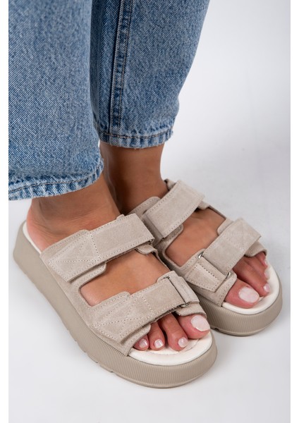 Farah Kadın Deri Çift Cırtlı Bej Süet Terlik modelleri