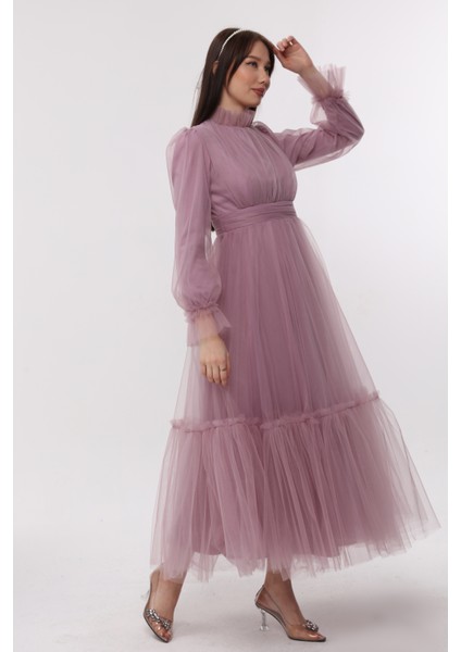 Tesettür Abiye Elbise Hayal Tül Büzgü Detaylı