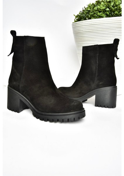 R654006502 Siyah Süet Kalın Topuklu Kadın Bot