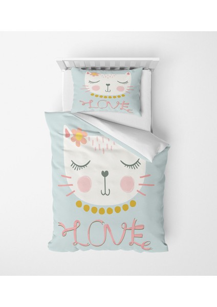Genç Çocuk Desen Mikro Saten 3D Dijital Baskı Tek Kişilik Nevresim Takımı Cat Love