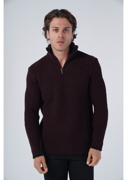 Erkek Selanik Örgü Muline Dik Yaka Fermuarlı Triko Yün Kazak TRIST-5316
