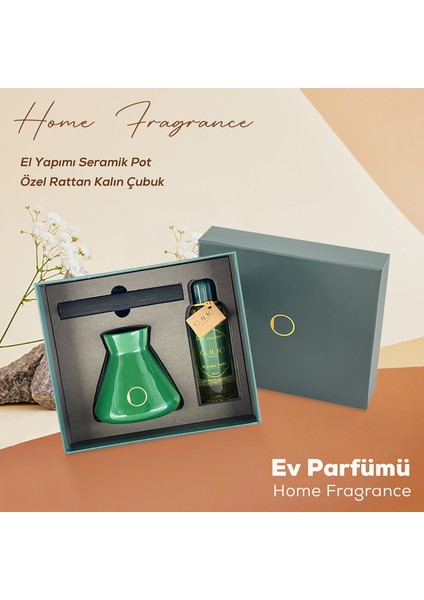 Ojijo London Çubuklu Oda Kokusu 200 ml Mystique Amber Oda Parfümü Yeşil Seramik Pot Kalın Çubuk Set