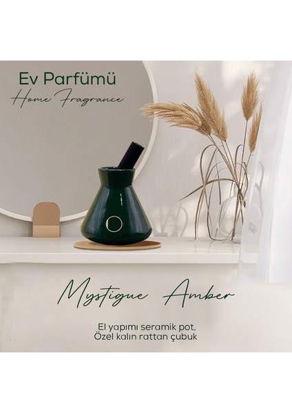 Ojijo London Çubuklu Oda Kokusu 200 ml Mystique Amber Oda Parfümü Yeşil Seramik Pot Kalın Çubuk Set