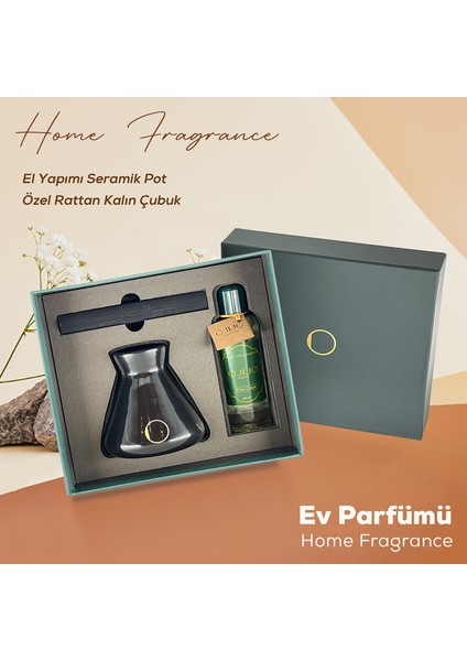 Ojijo London Çubuklu Oda Kokusu 200 ml Fine Linen Oda Parfümü Siyah Seramik Pot Kalın Çubuk Set