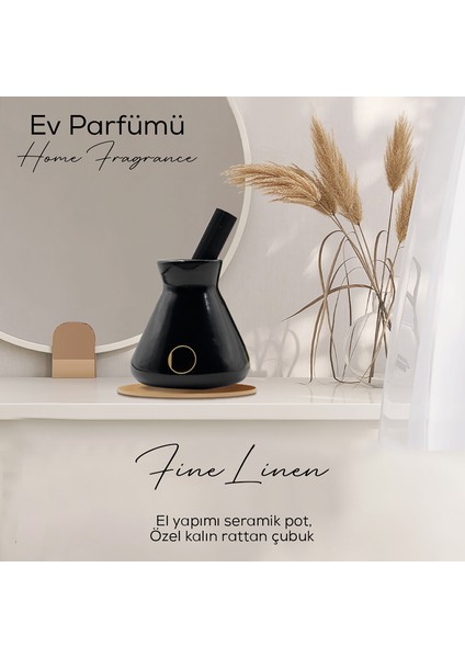 Ojijo London Çubuklu Oda Kokusu 200 ml Fine Linen Oda Parfümü Siyah Seramik Pot Kalın Çubuk Set