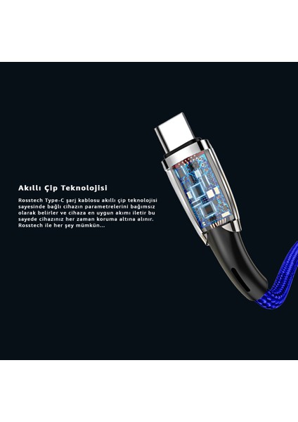 Type-C To USB LED Hızlı Şarj Kablosu 3.0A 15W 1m (Rosstech Türkiye Garantili)