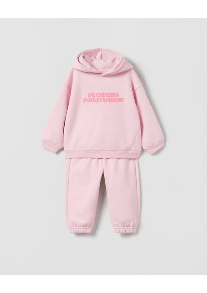 Yeni Sezon Çocuk Pembe Sloganlı Pamuklu Kapüşonlu Sweatshirt Eşofman Alt-Üst Takım