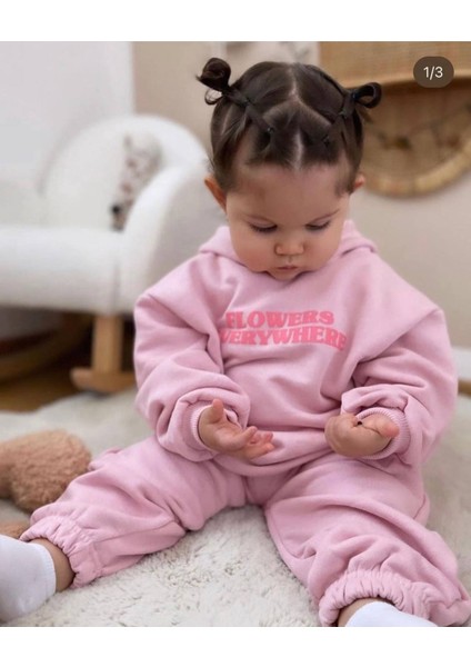 Yeni Sezon Çocuk Pembe Sloganlı Pamuklu Kapüşonlu Sweatshirt Eşofman Alt-Üst Takım