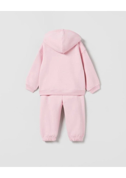 Yeni Sezon Çocuk Pembe Sloganlı Pamuklu Kapüşonlu Sweatshirt Eşofman Alt-Üst Takım